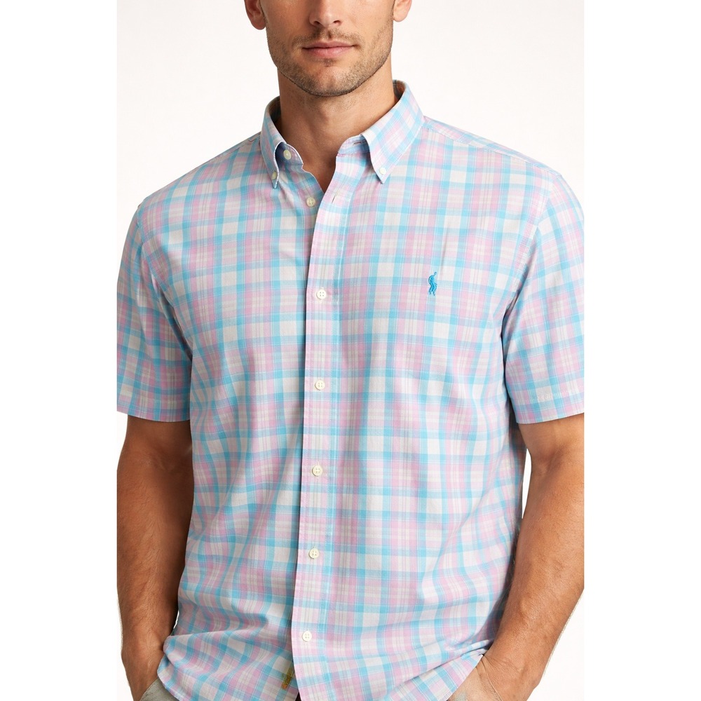 Polo Ralph Lauren Button Down Shirt Mens Large Pink Teal Plaid Short Sleeve